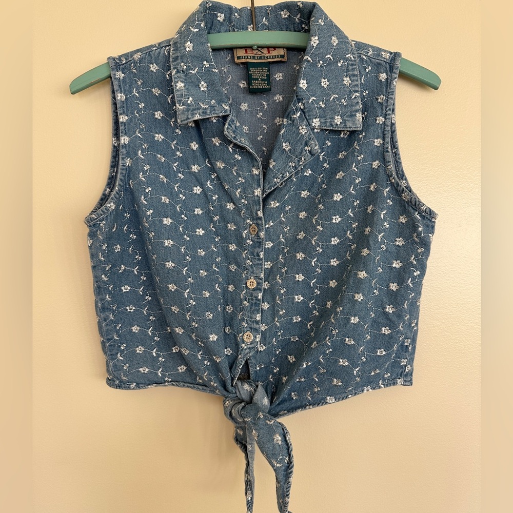 Express • Vintage Blue Floral Embroidered Sleeveless Button Down Chambray Shirt